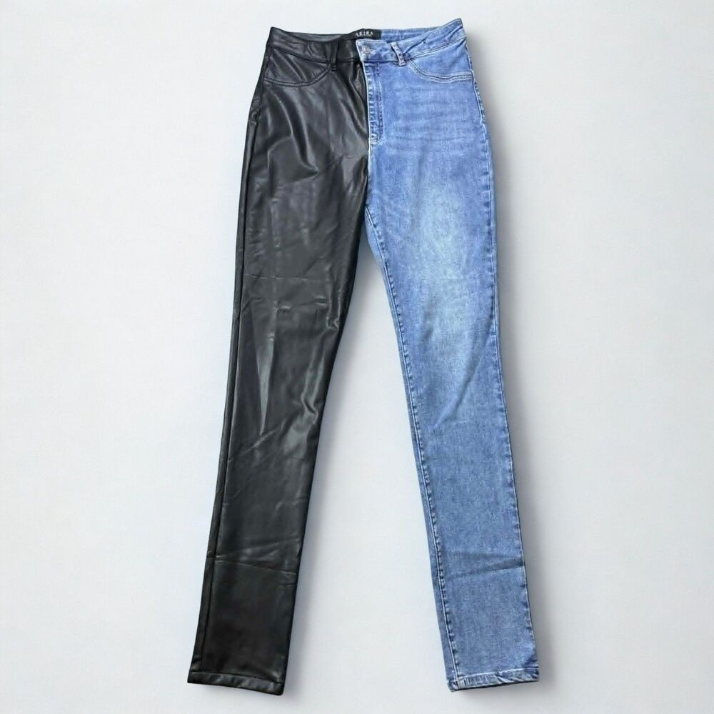 Akira Womens Jeans Size 13 Flex Fit Extreme Stretch Half And Half PU High Waist